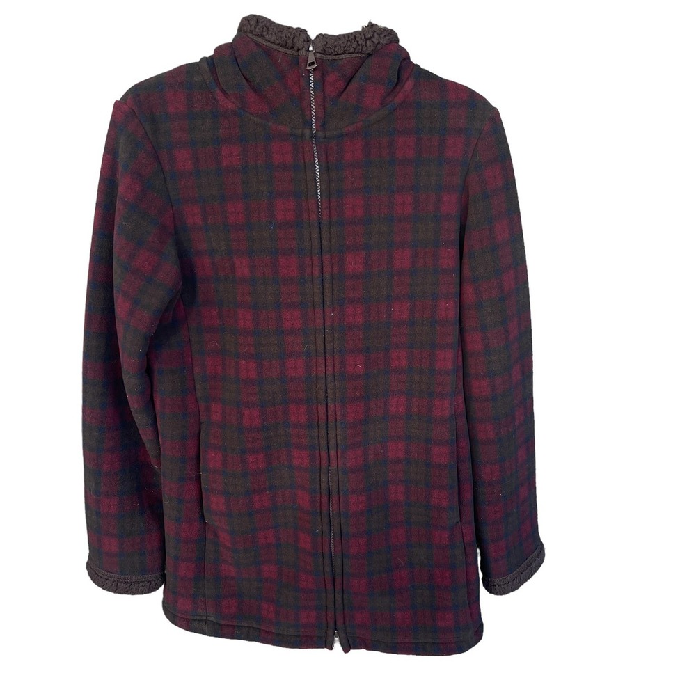 Uniqlo Jacket Womens Extra Small Maroon Brown Plaid Full Zip Hooded Sherpa Lined